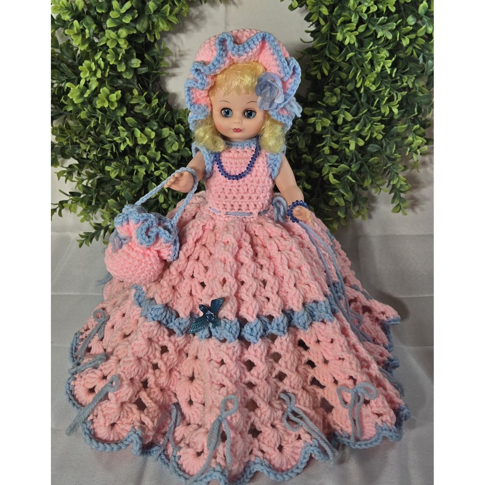 Vintage Crochet Bed Doll Pink Blue Southern Belle Dress Bonnet Purse Boudoir